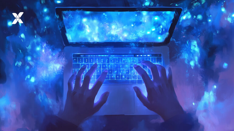 Futuristic-looking image of a person typing on a laptop, seen from above